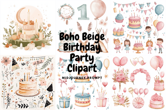 Download PromptBoho Beige Birthday Party Clipart - Birthday Collection