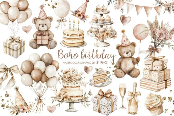 Download Boho Beige Birthday Party Clipart. - Birthday Collection