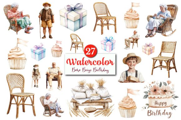 Download Watercolor Boho Beige Birthday Clipart - Birthday Collection