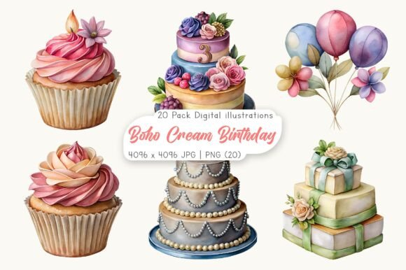 Download Watercolor Boho Cream Birthday Clipart - Birthday Collection
