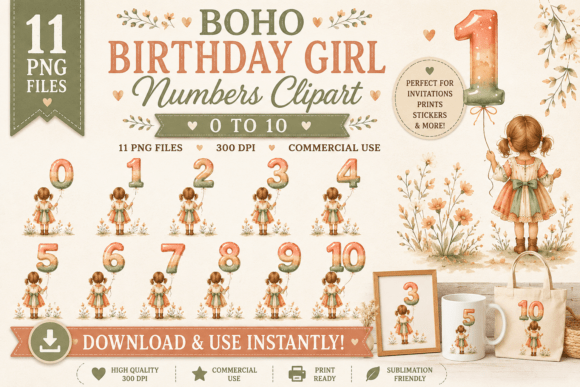 Download Boho Birthday Girl Numbers Clipart PNG - Birthday Collection