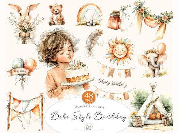 Download 48 Boho Birthday Clipart PNG Set - Birthday Collection